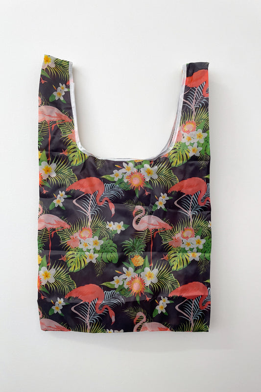 Small Reusable Shopping Bag - Black Flamingo