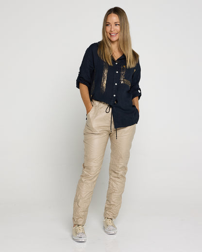 Chinta Leather Look Crinkle Pants - Beige