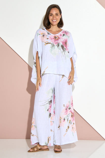 Anette Linen Pants - White/Peony