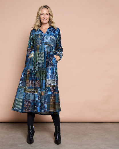 Rishfayan Midi Dress - Blue Patchwork