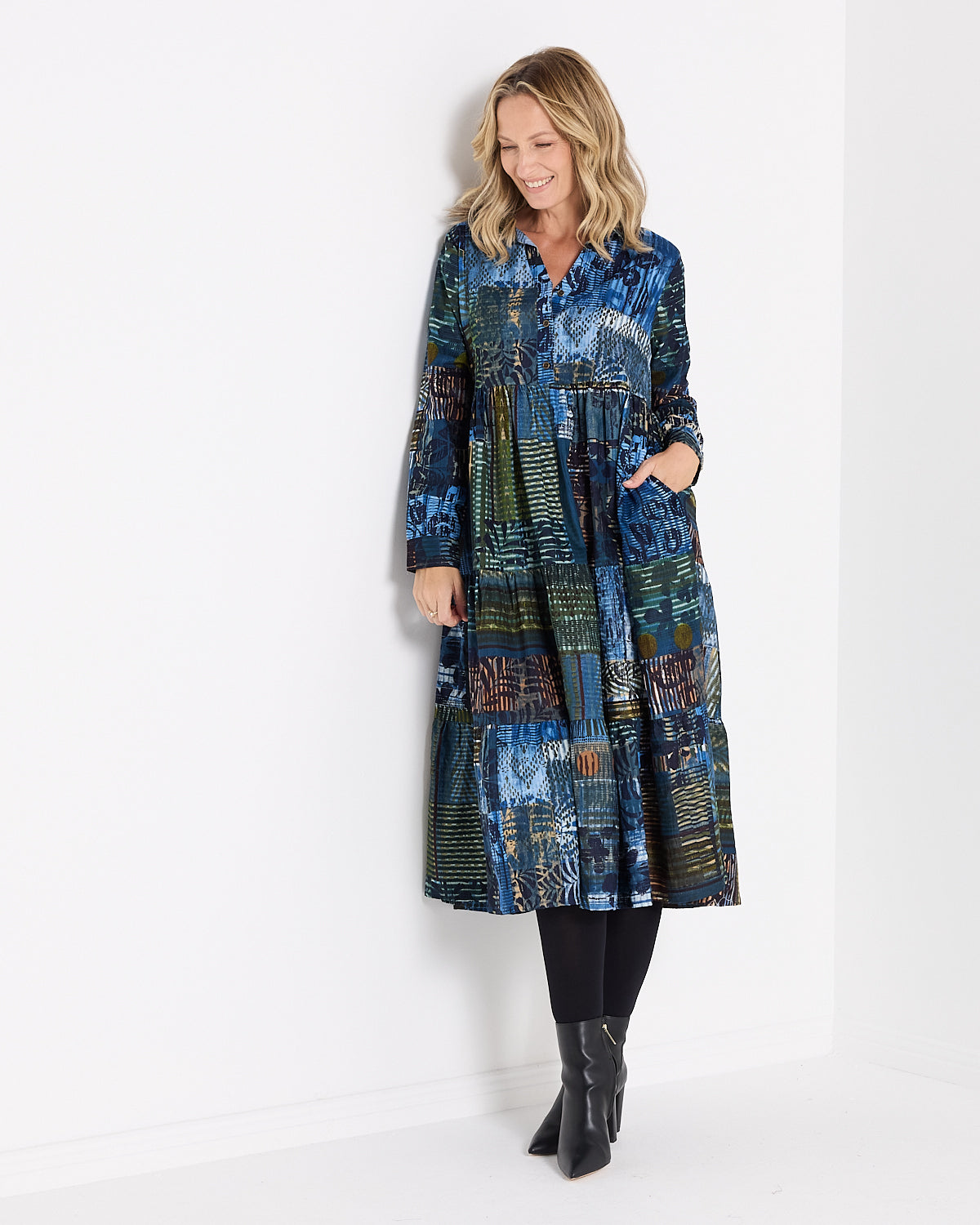 Rishfayan Midi Dress - Blue Patchwork