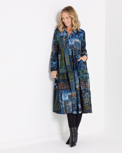 Rishfayan Midi Dress - Blue Patchwork