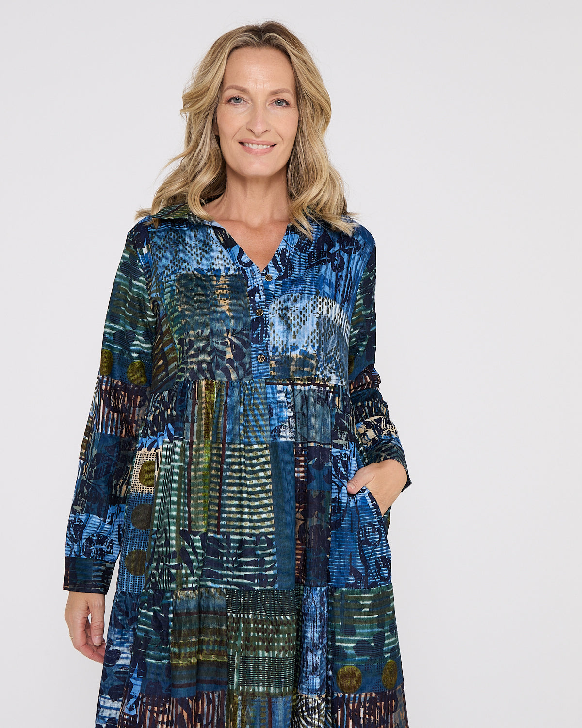 Rishfayan Midi Dress - Blue Patchwork