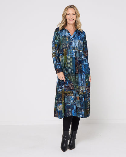 Rishfayan Midi Dress - Blue Patchwork