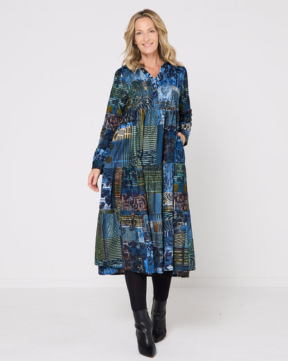 Rishfayan Midi Dress - Blue Patchwork