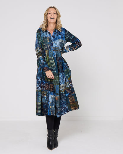 Rishfayan Midi Dress - Blue Patchwork