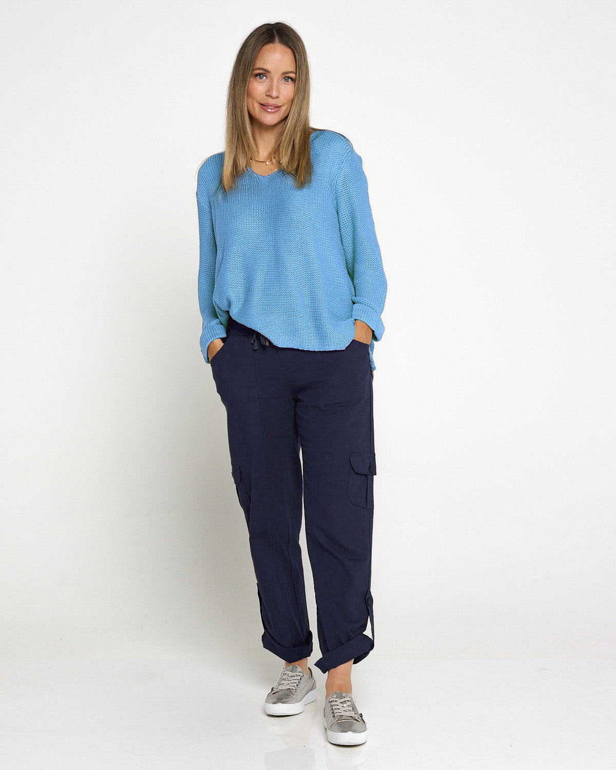 Issy Linen Blend Cargo Pants - Navy