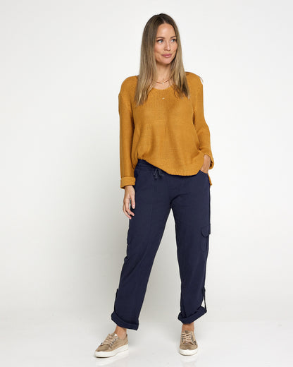 Issy Linen Blend Cargo Pants - Navy