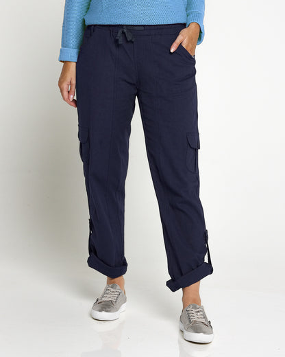Issy Linen Blend Cargo Pants - Navy