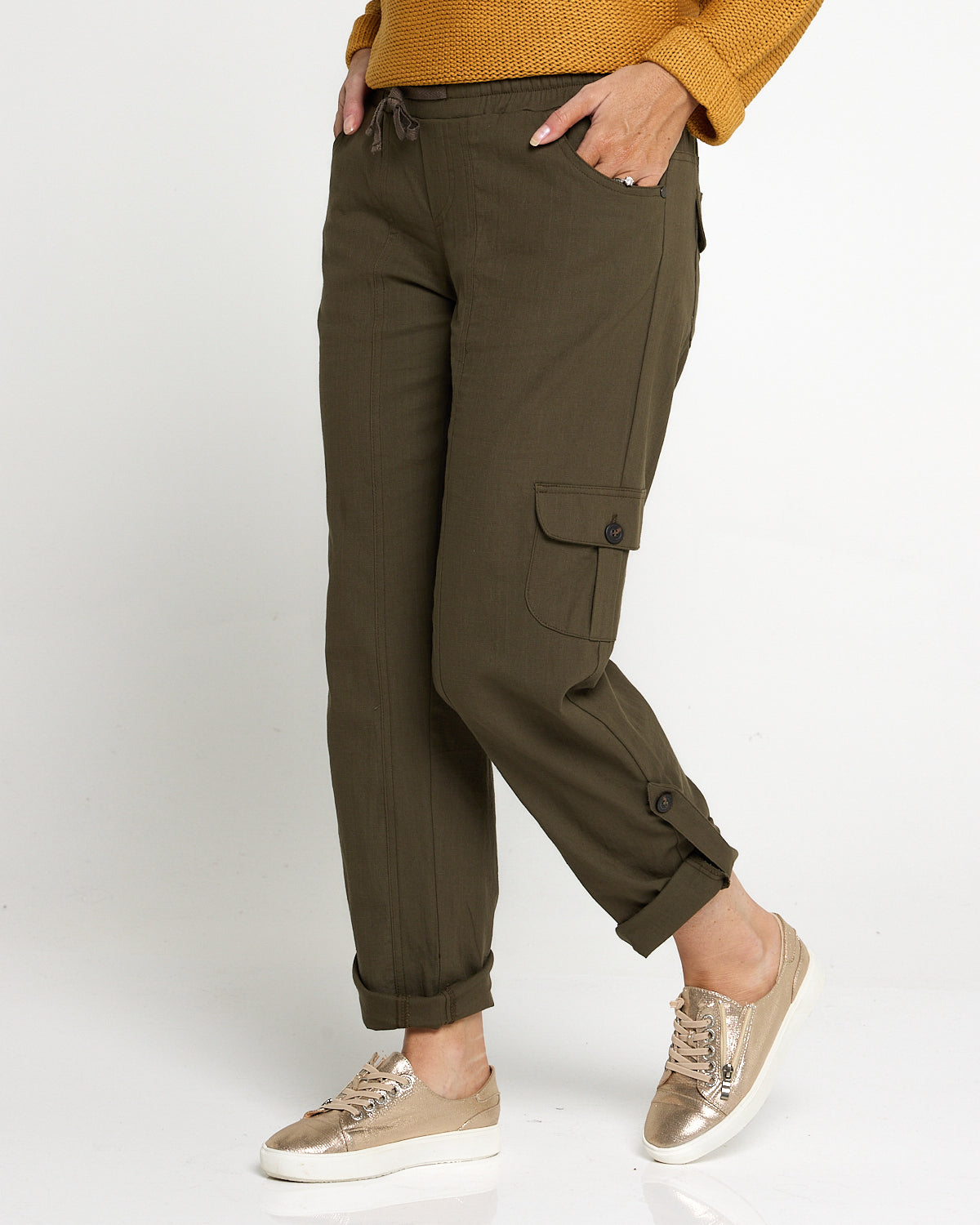 Issy Linen Blend Cargo Pants- Khaki
