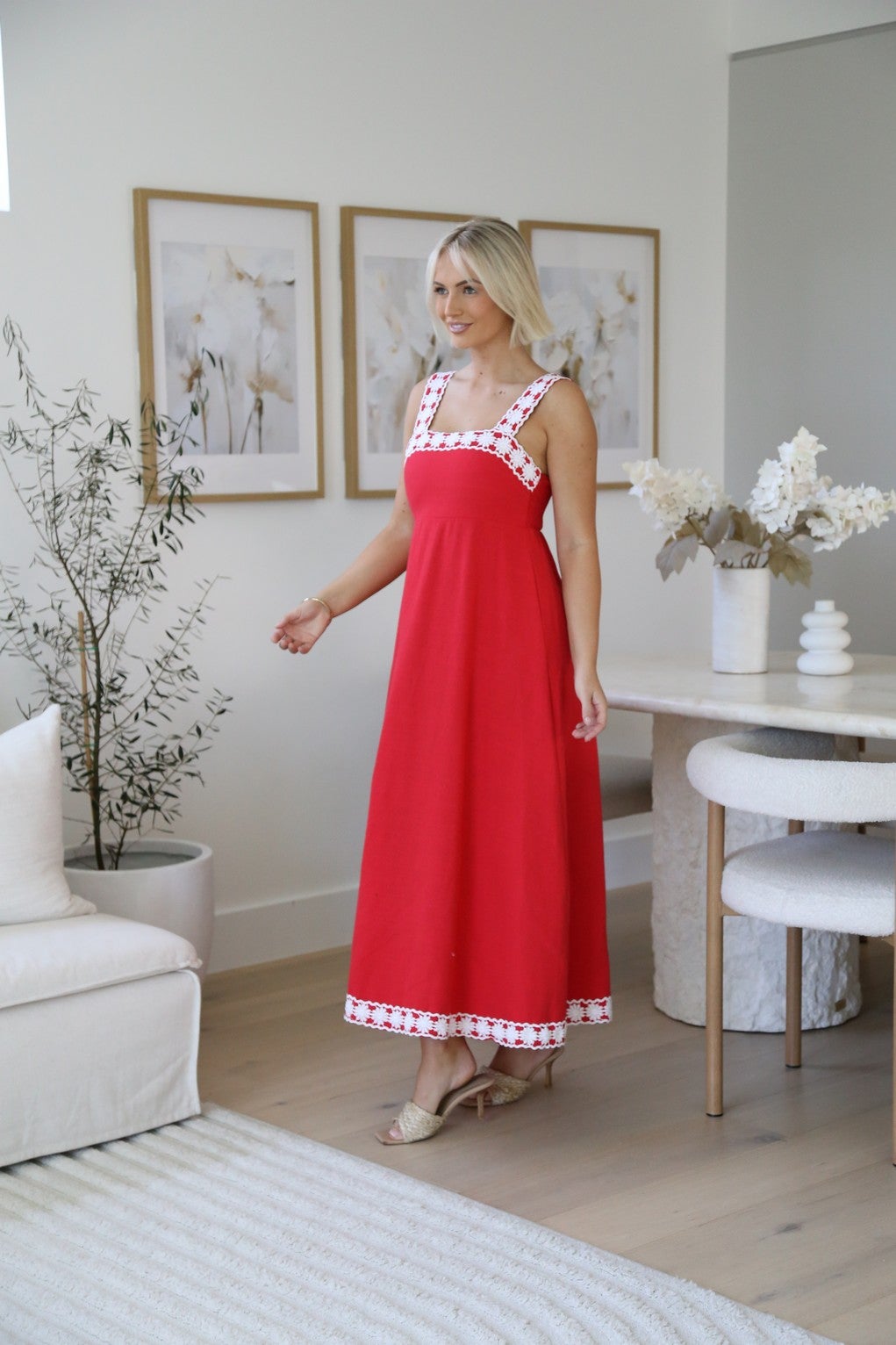 Chrissie Cotton Dress - Red/White Lace