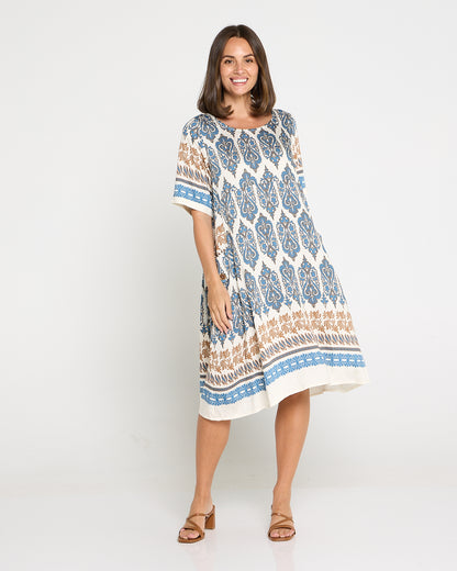 Siena Border Dress – Indigo & Clay