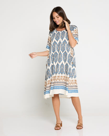 Siena Border Dress – Indigo & Clay