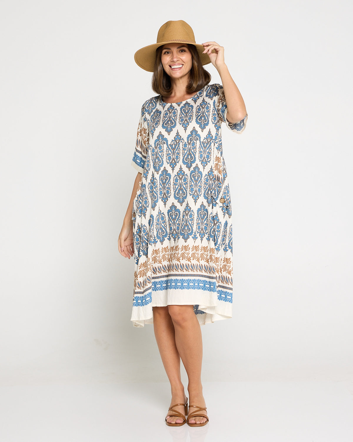 Siena Border Dress – Indigo & Clay