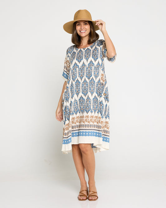 Siena Border Dress – Indigo & Clay