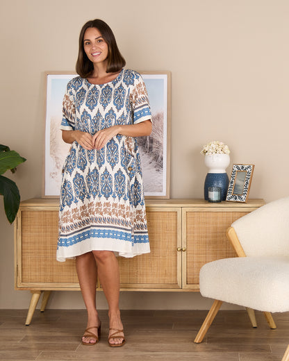 Siena Border Dress – Indigo & Clay