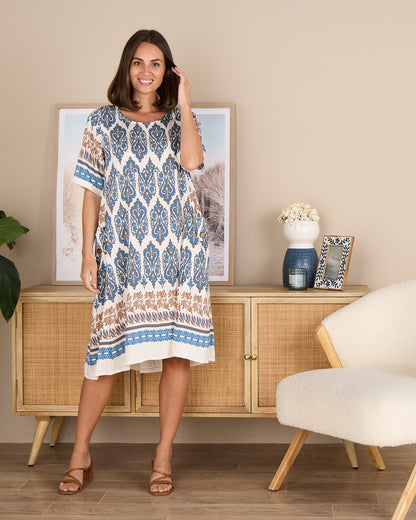 Siena Border Dress – Indigo & Clay