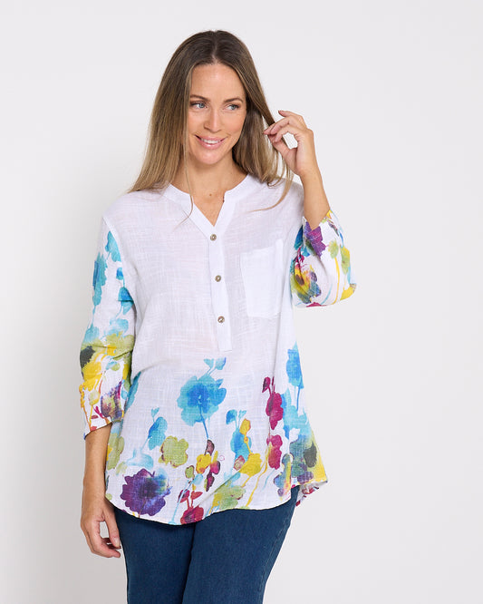 Leslie Cotton & Linen Tunic - White Floral