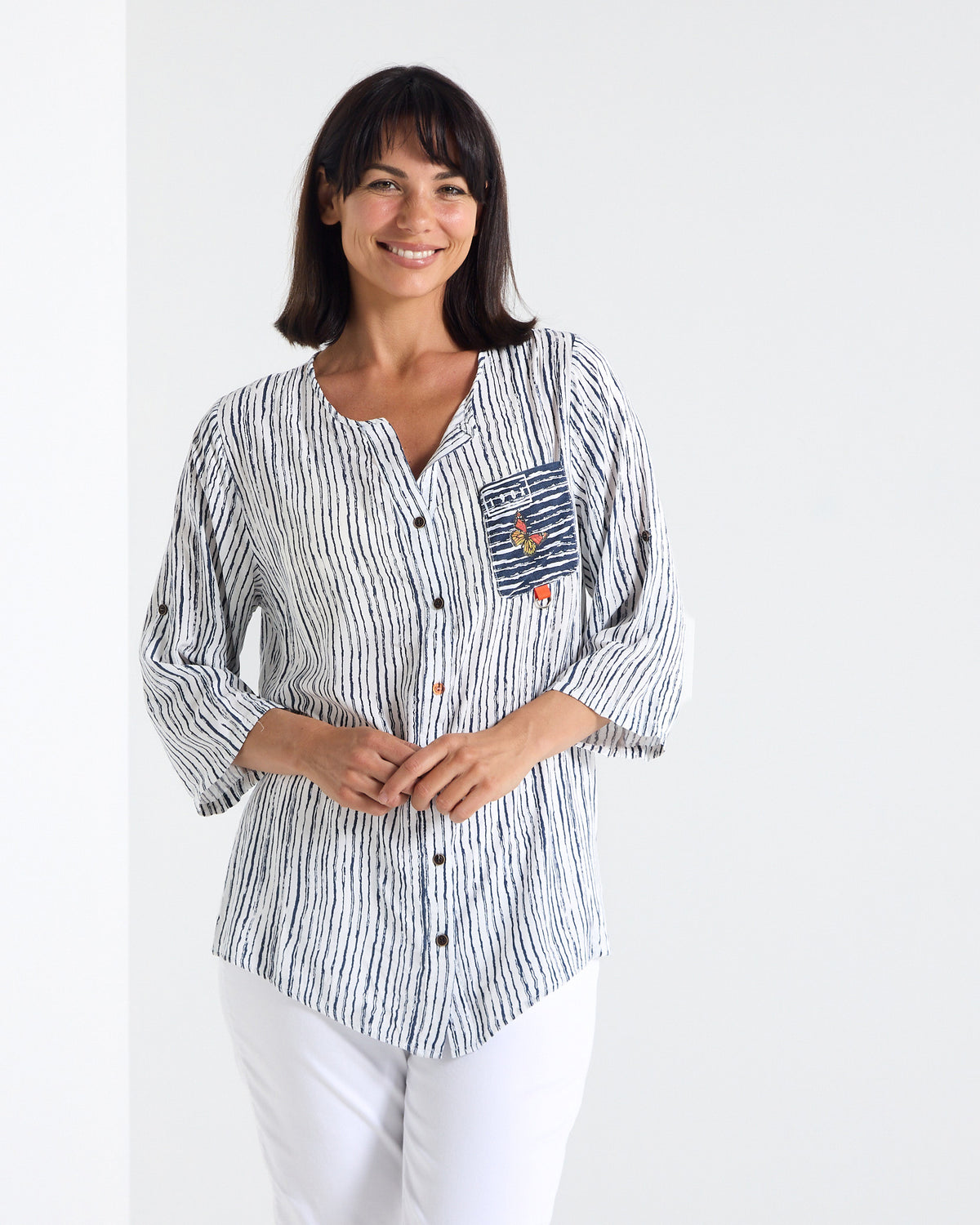 Gifford Stripe Blouse in navy, front view showing the relaxed fit