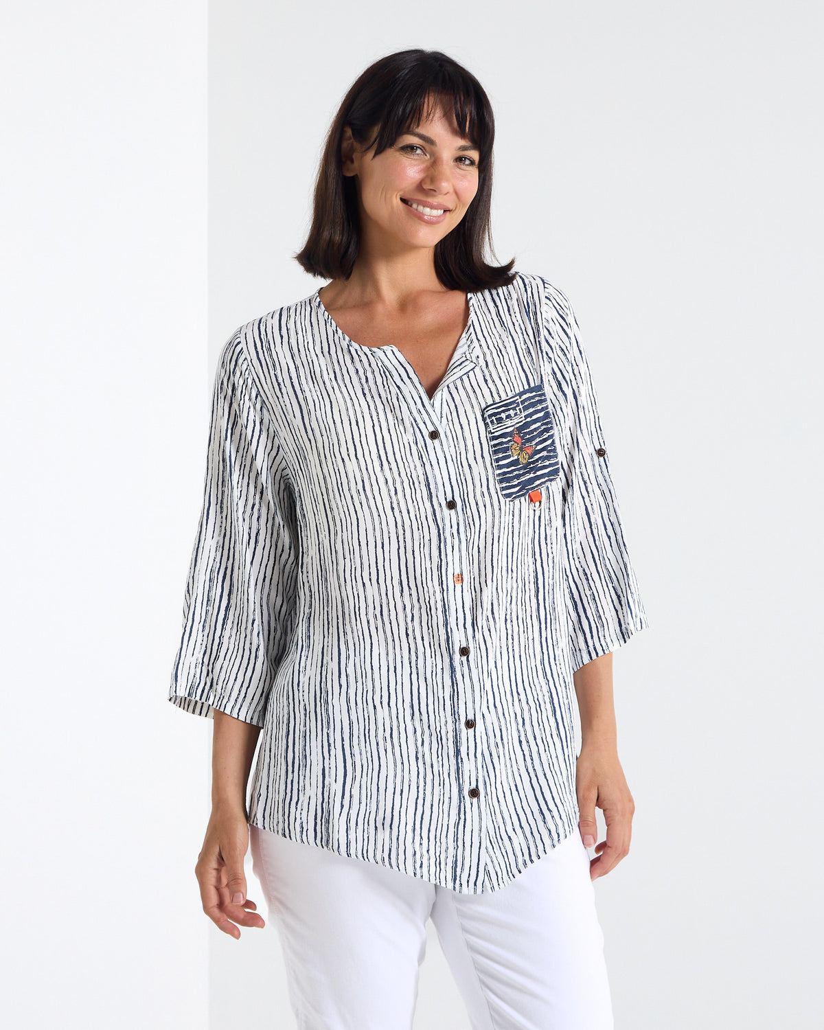 Gifford Stripe Blouse in navy, front view with V-neck button front and patch pocket