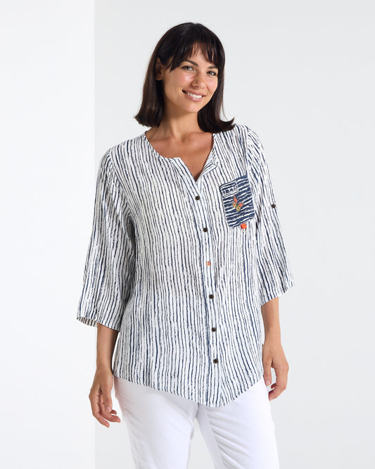 Gifford Stripe Blouse in navy, front view with V-neck button front and patch pocket