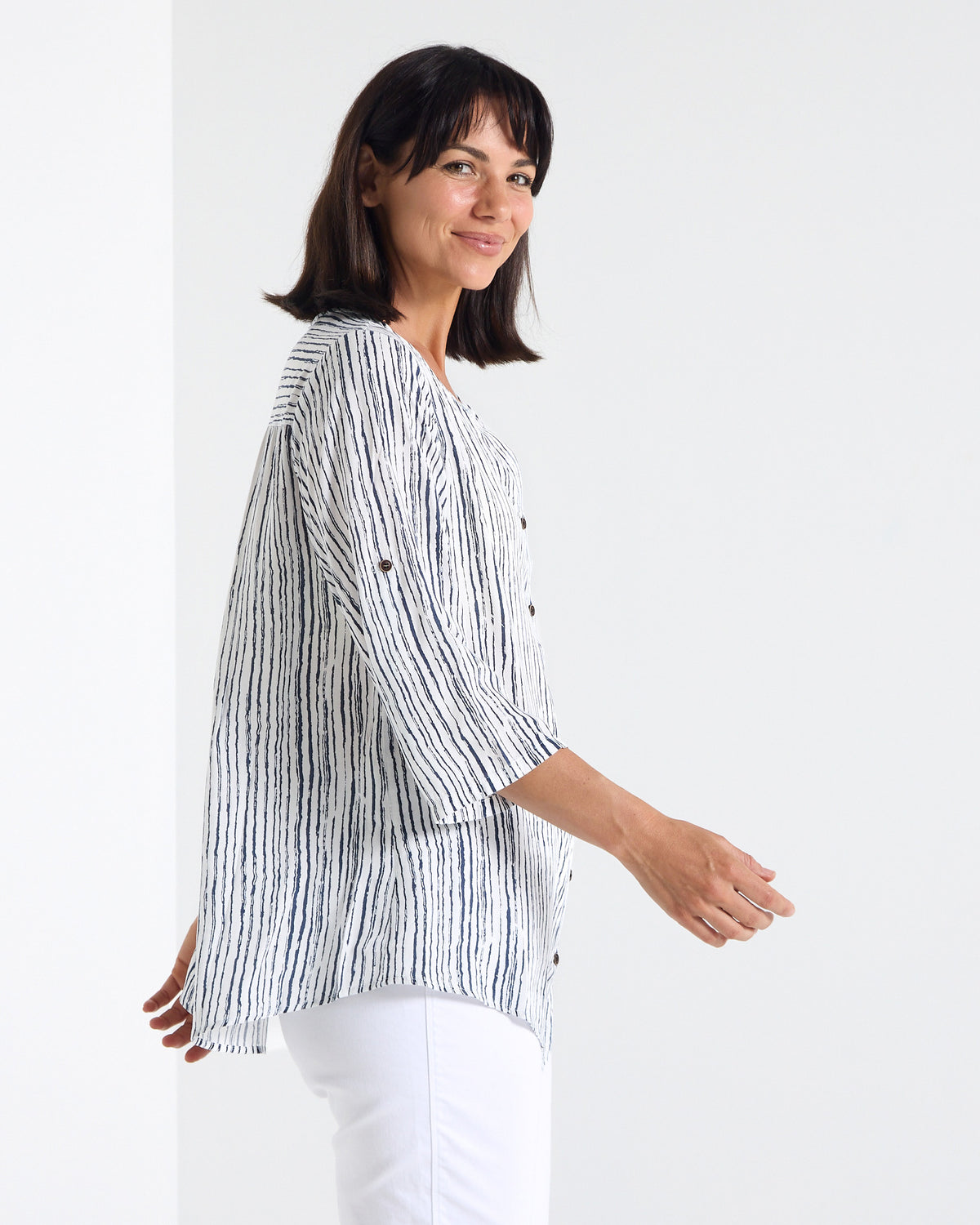 Gifford Stripe Blouse in navy, side view showing the sleeve and length