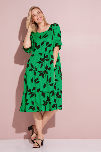 Jackson Linen Dress - Green Leaves