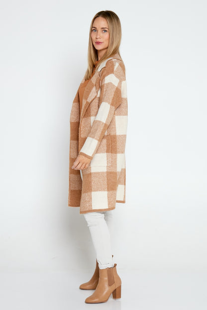 Jessa Wool Blend Knit Jacket - Brown/Cream Check