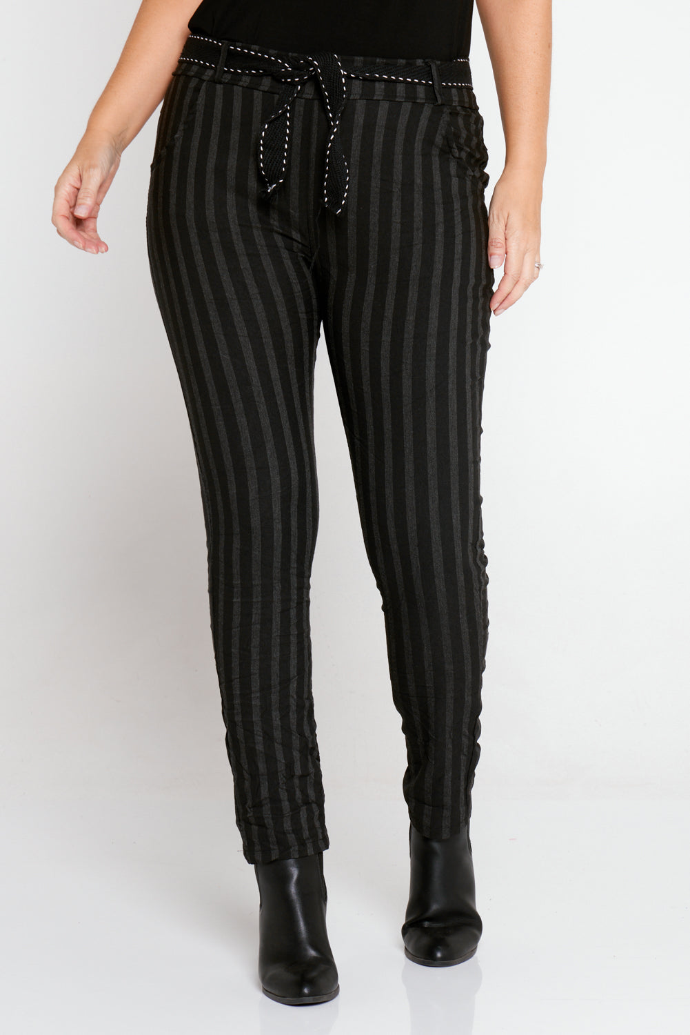 Grey pants with black stripe online