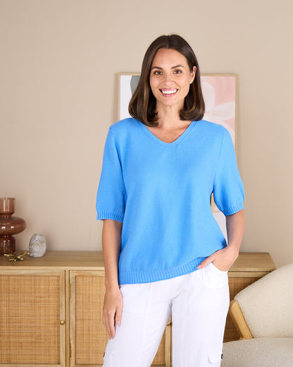 Rachel Cotton Knit Top - Blue