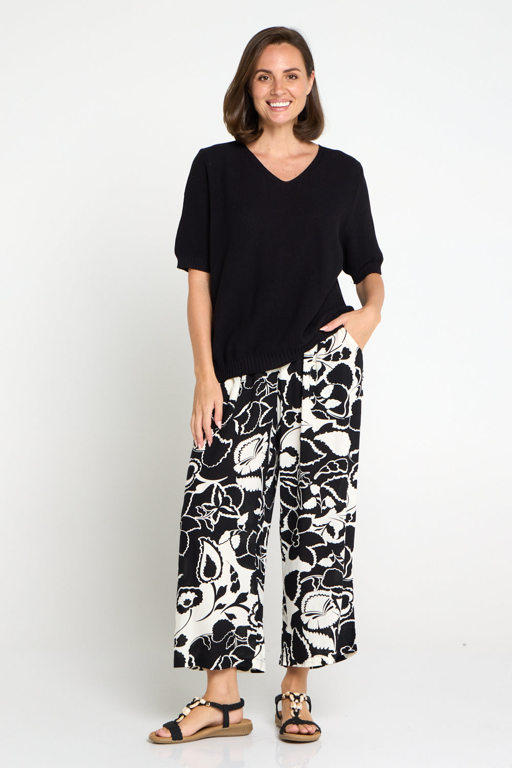 Aiko Lightweight Pants - Black/Ivory Botanical