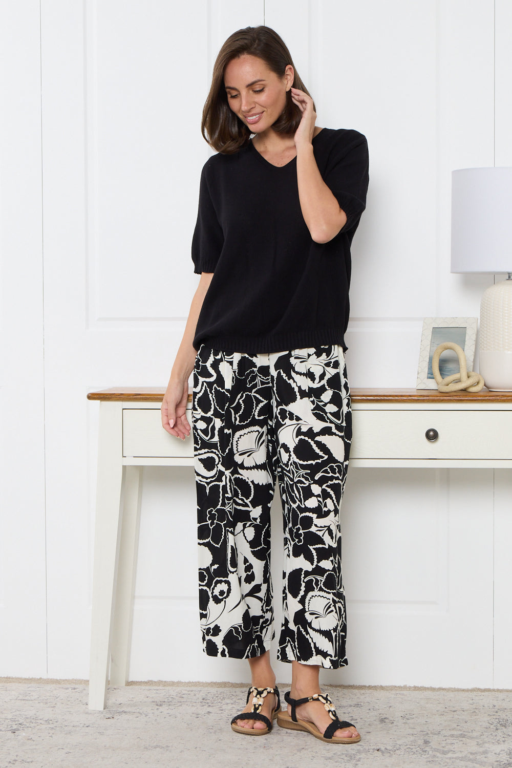Aiko Lightweight Pants - Black/Ivory Botanical
