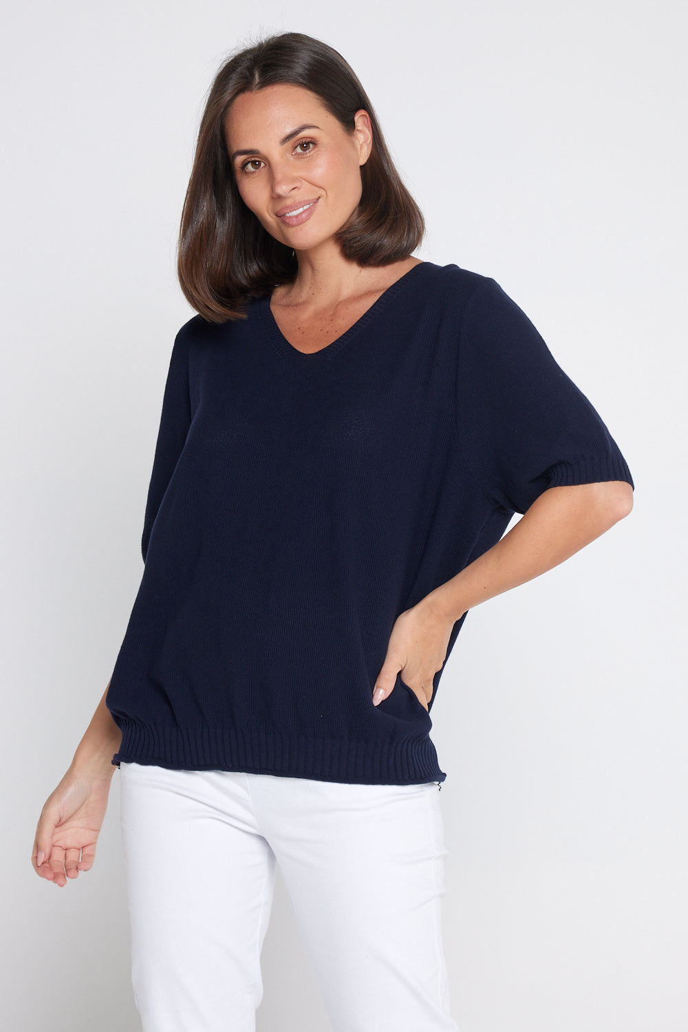 Rachel Cotton Knit Top - Navy
