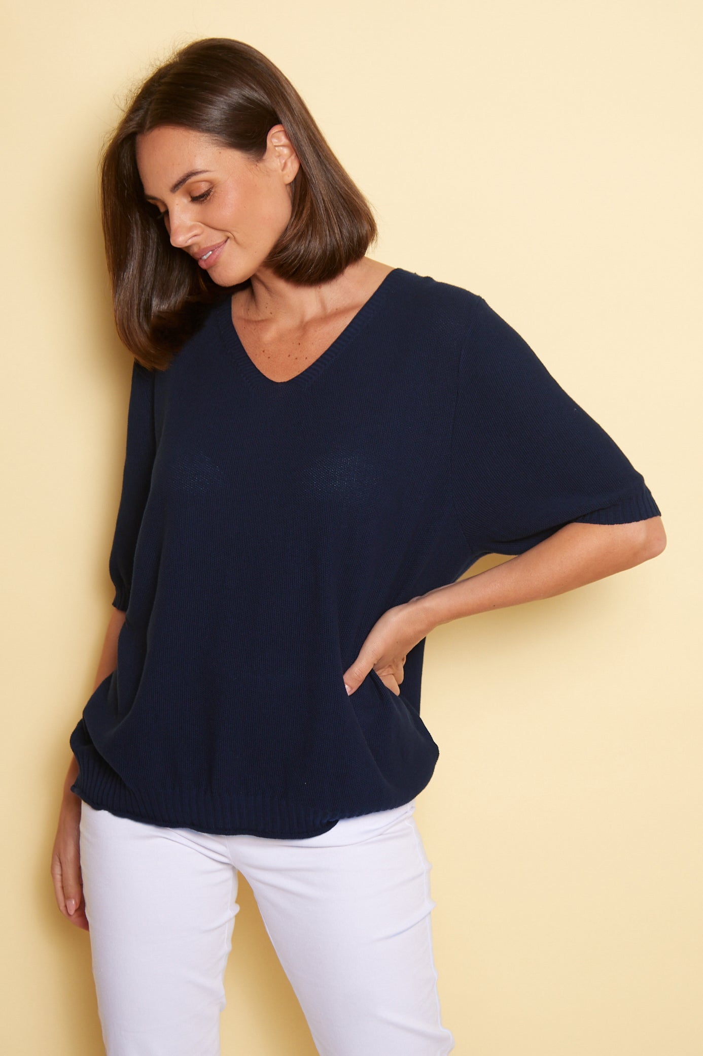 Rachel Cotton Knit Top - Navy