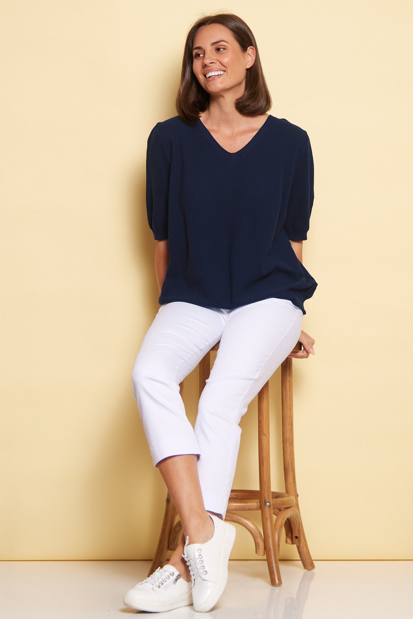 Rachel Cotton Knit Top - Navy