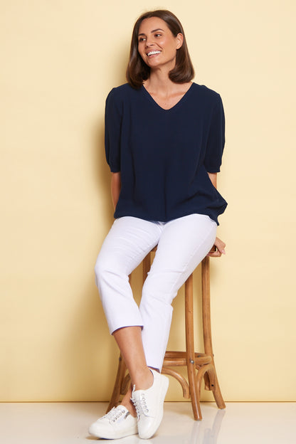 Rachel Cotton Knit Top - Navy