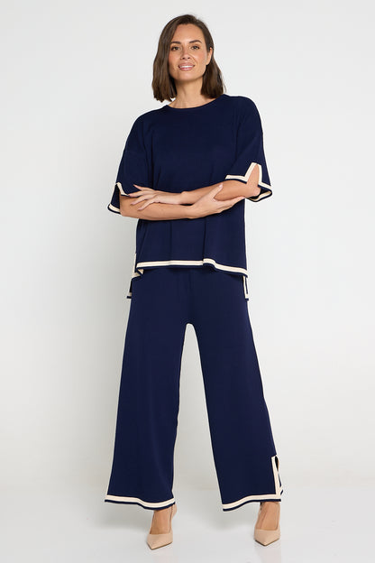 Regina Knit Top and Pant Set - Navy/Cream