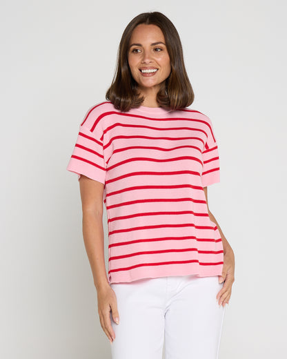 Misha Cotton Knit Tee - Red/Pink Stripe