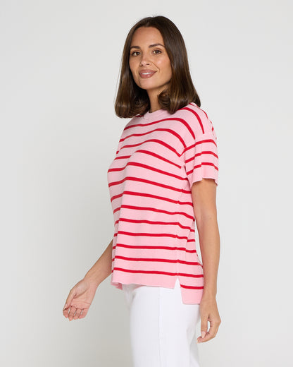 Misha Cotton Knit Tee - Red/Pink Stripe