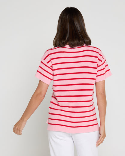 Misha Cotton Knit Tee - Red/Pink Stripe