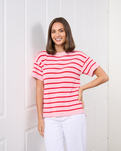 Misha Cotton Knit Tee - Red/Pink Stripe