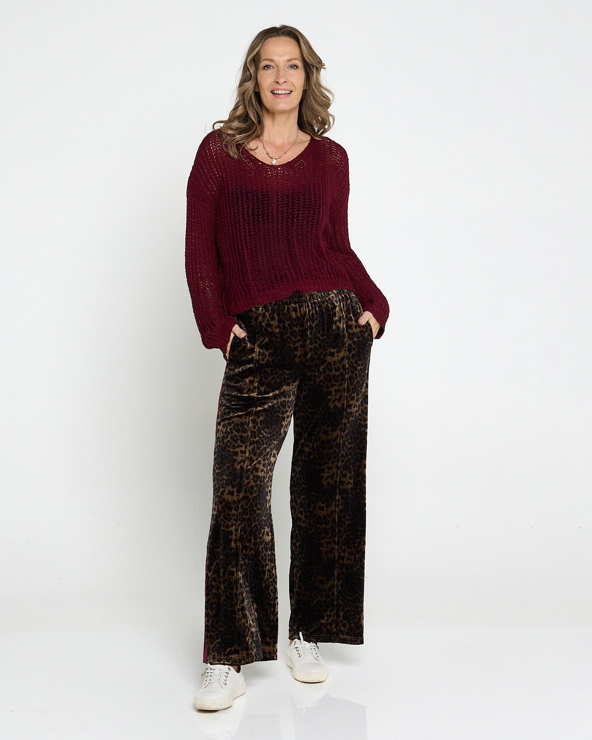 Velvet Wide Leg Luxe Track Pants - Leopard Print