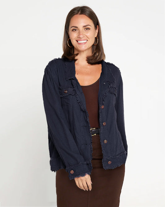 Kendall Linen Fringe Jacket - Navy