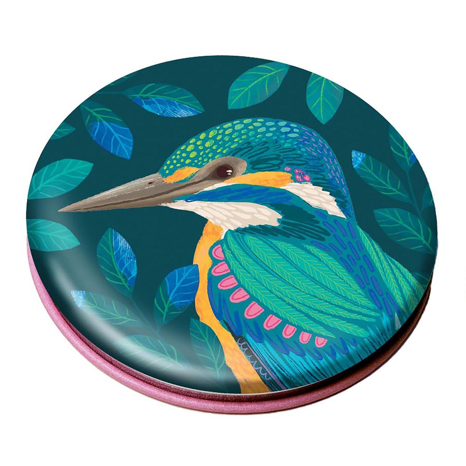 Round mirror with a colorful heron design on a green background