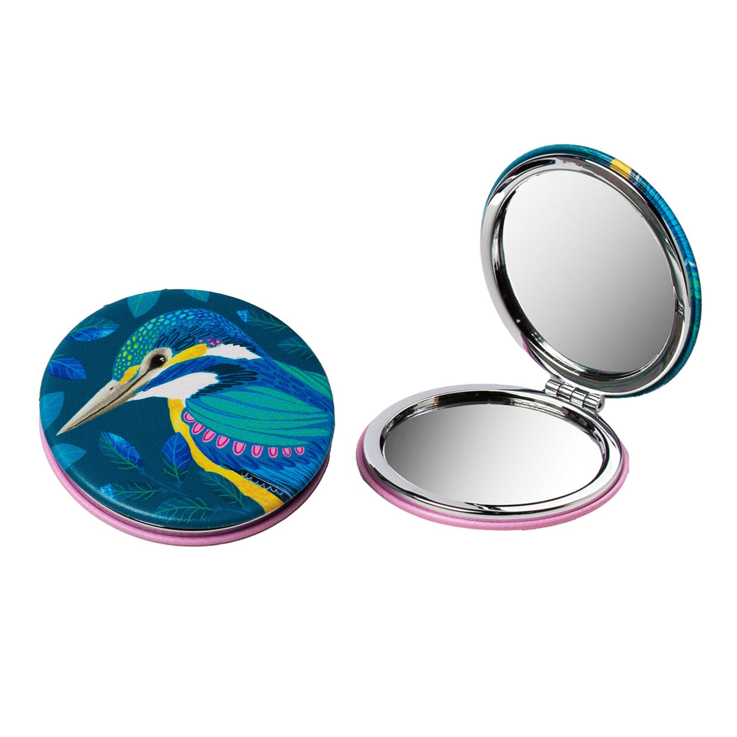 Compact mirror with a colorful bird design on one side and a pink border on the other, on a white background.