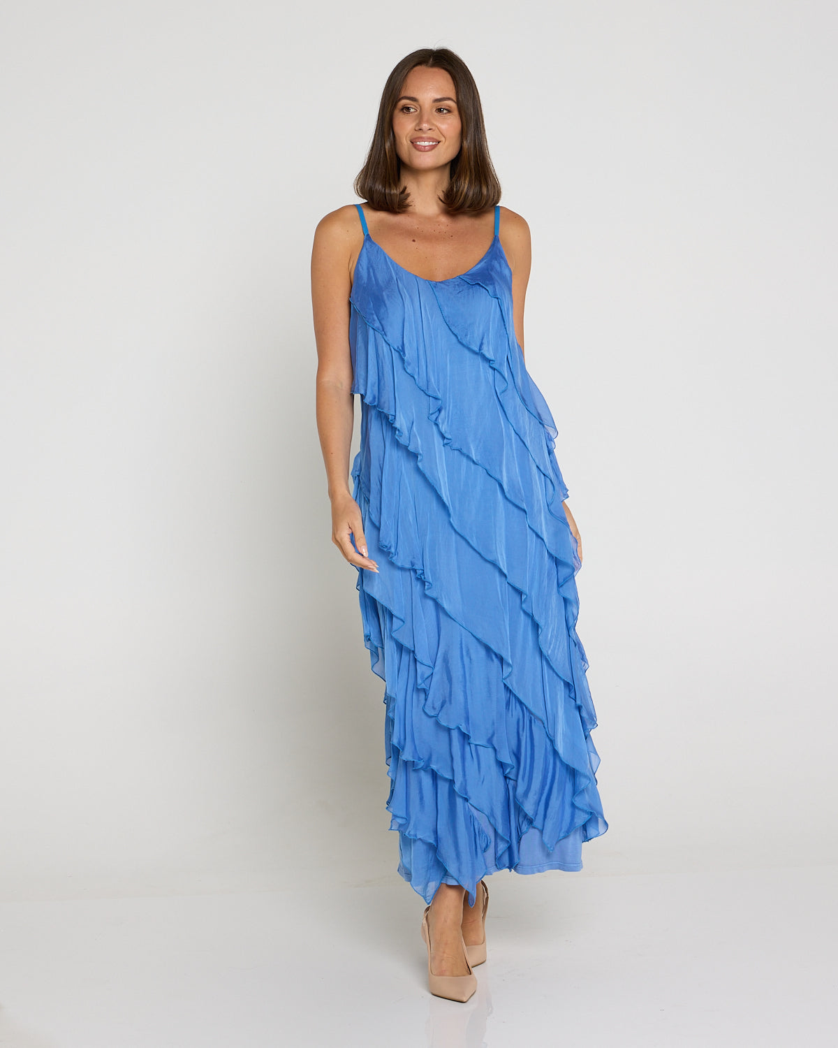 Nicolette Silk Bias Layered Slip Dress - Blue