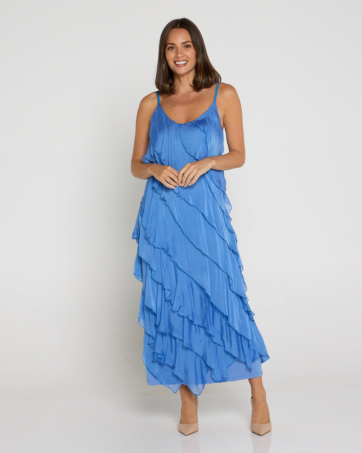 Nicolette Silk Bias Layered Slip Dress - Blue