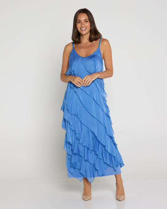Nicolette Silk Bias Layered Slip Dress - Blue