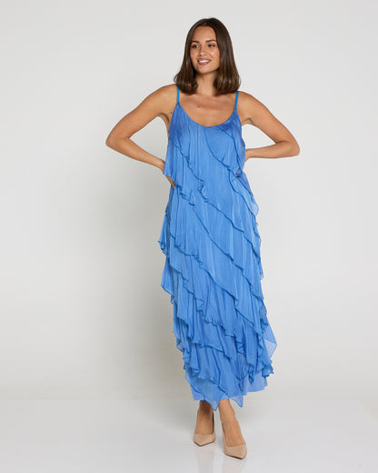 Nicolette Silk Bias Layered Slip Dress - Blue
