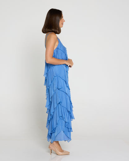 Nicolette Silk Bias Layered Slip Dress - Blue